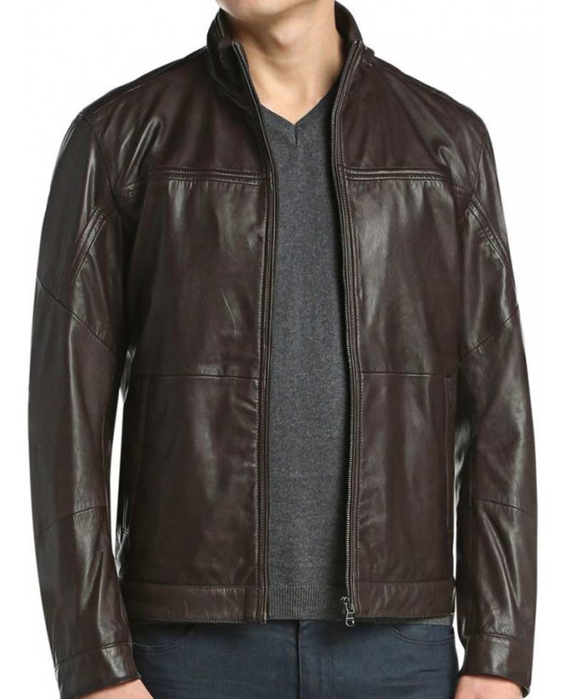 Men's Casual Stand Up Collar Dark Brown Leather Jacket brown leather jacket