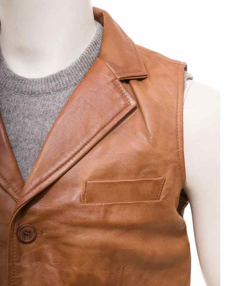 Men's Tan Brown Leather Vest Men's Tan Brown Leather Vest - Image 3