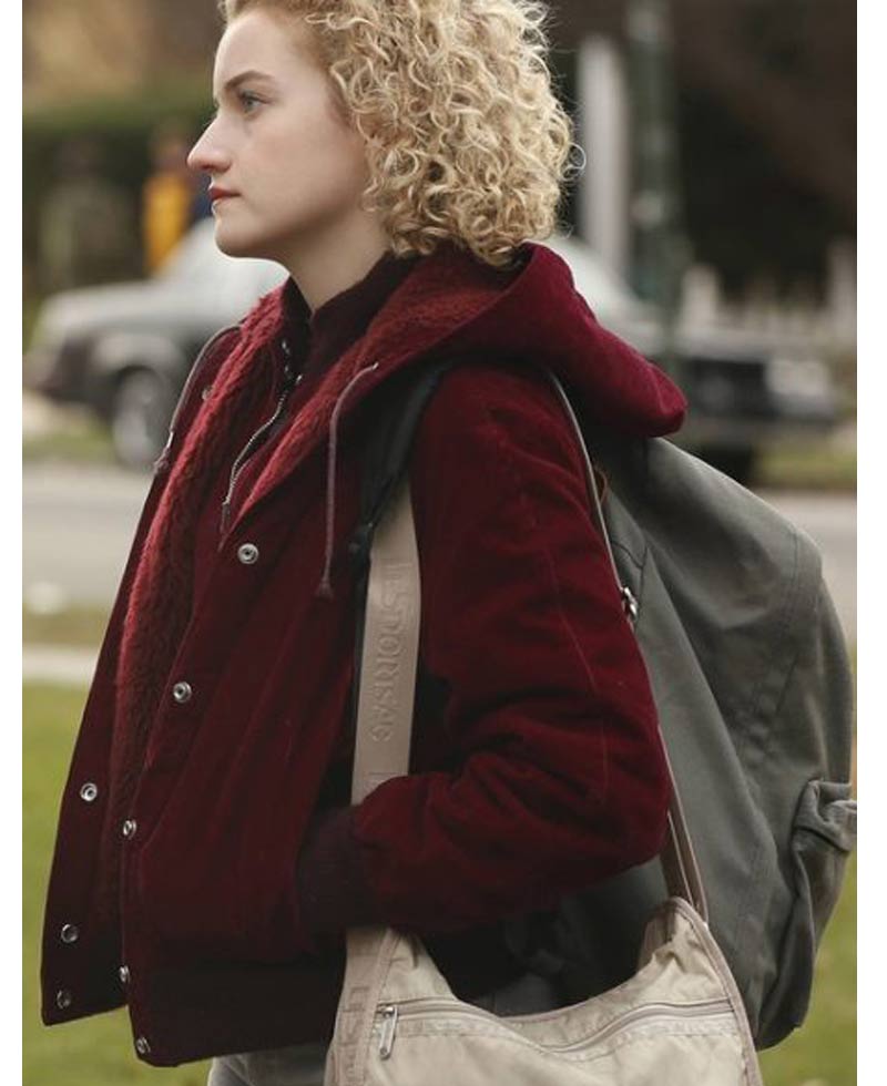 The Americans Julia Garner Red Velvet Jacket with Hood The Americans Julia Garner Red Velvet Jacket with Hood - Image 3