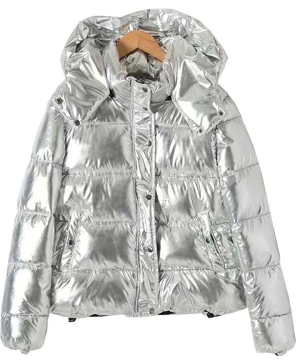 Women's Puffer Silver Down Jacket with Removable Hood