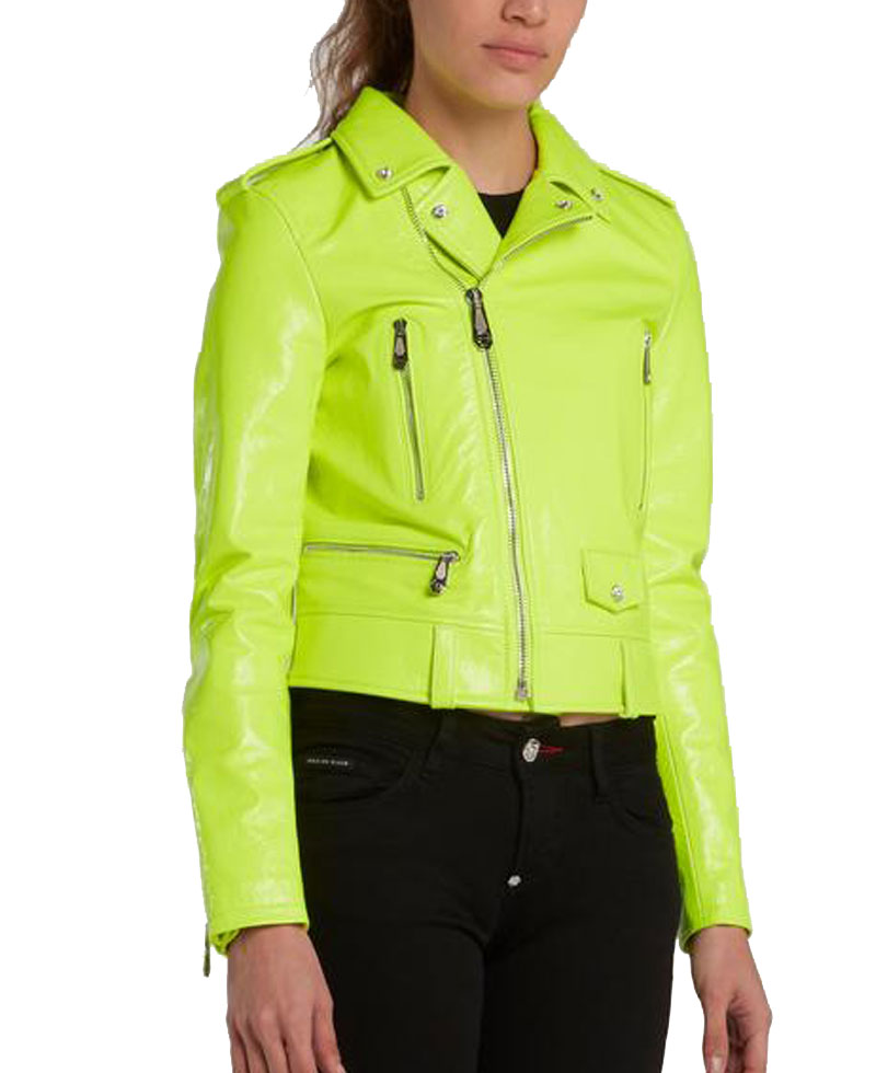 Women's Green Neon Leather Biker Asymmetrical Jacket