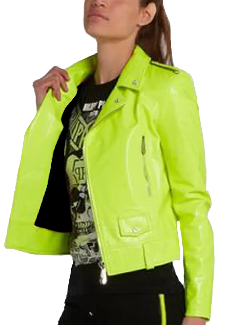 Women's Green Neon Leather Biker Asymmetrical Jacket Women's Green Neon Leather Biker Asymmetrical Jacket - Image 3