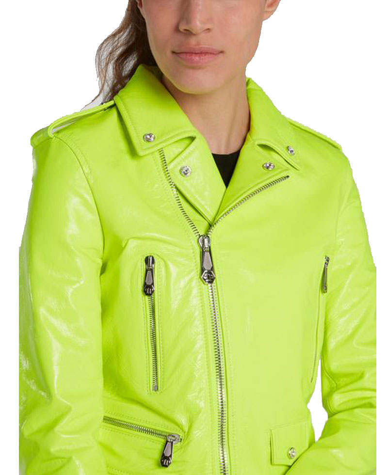 Women's Green Neon Leather Biker Asymmetrical Jacket Women's Green Neon Leather Biker Asymmetrical Jacket - Image 4