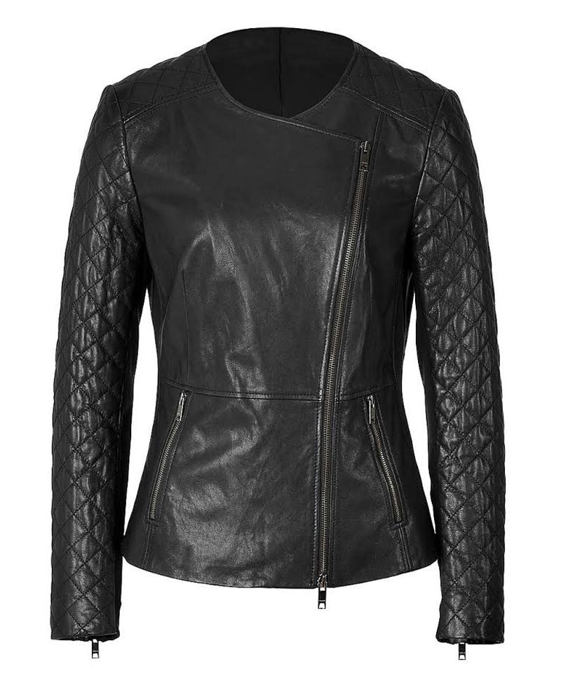 Women's Collarless Black Leather Quilted Sleeve Jacket