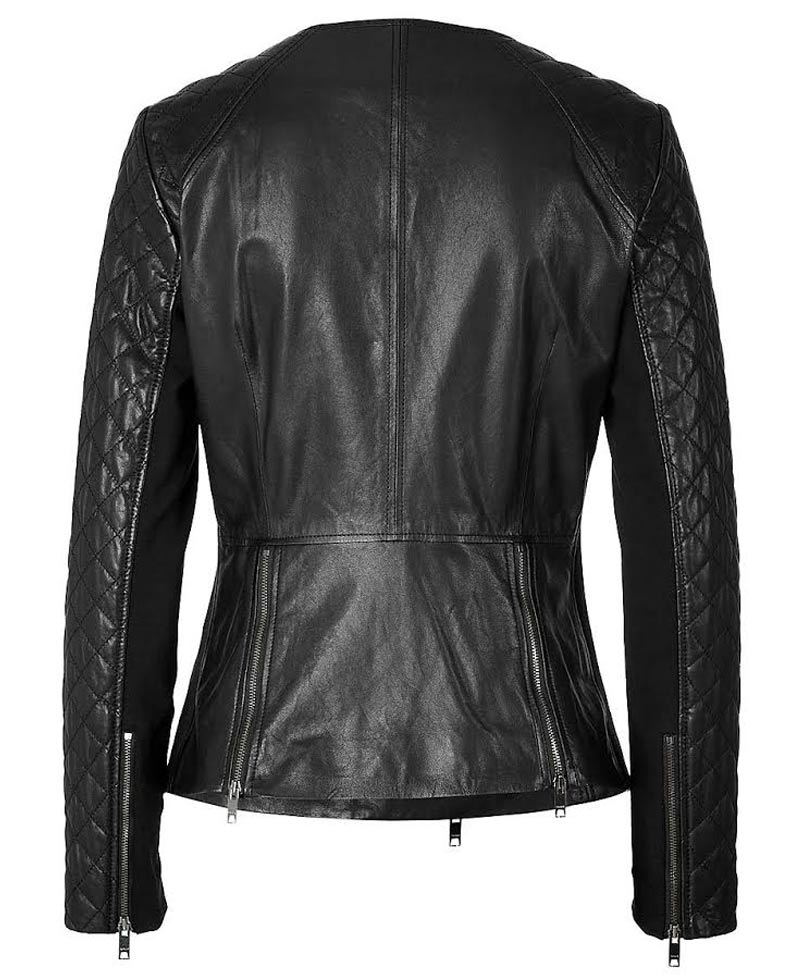 Women's Collarless Black Leather Quilted Sleeve Jacket Women's Collarless Black Leather Quilted Sleeve Jacket - Image 2