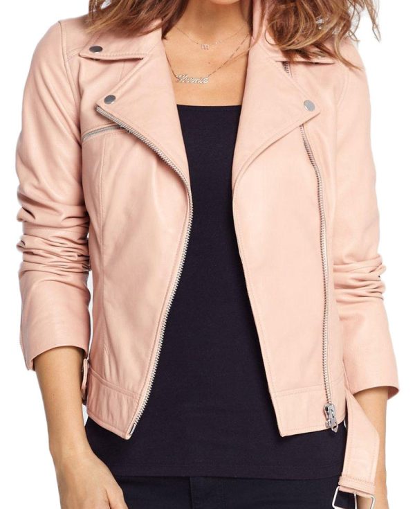 Women's Baby Pink Asymmetrical Zipper Leather Jacket
