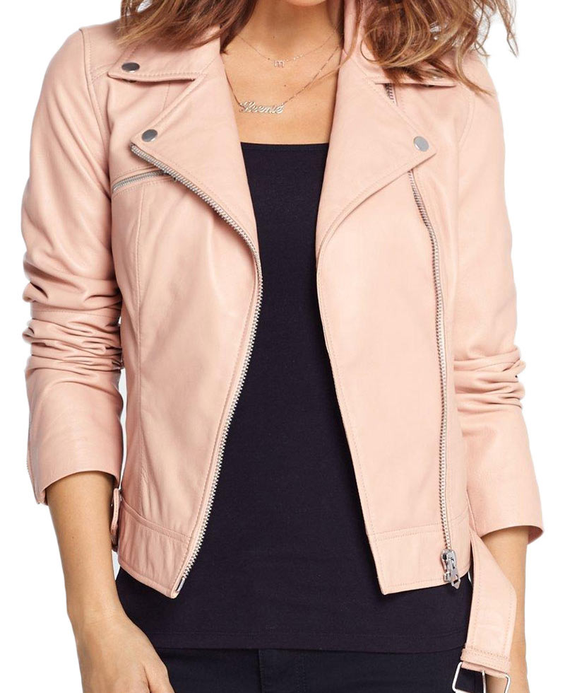 Women's Baby Pink Asymmetrical Zipper Leather Jacket