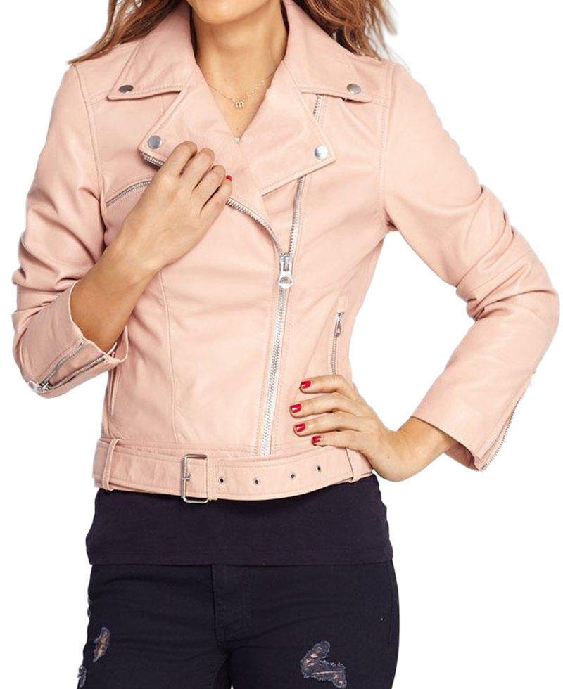 Women's Baby Pink Asymmetrical Zipper Leather Jacket Women's Baby Pink Asymmetrical Zipper Leather Jacket - Image 3
