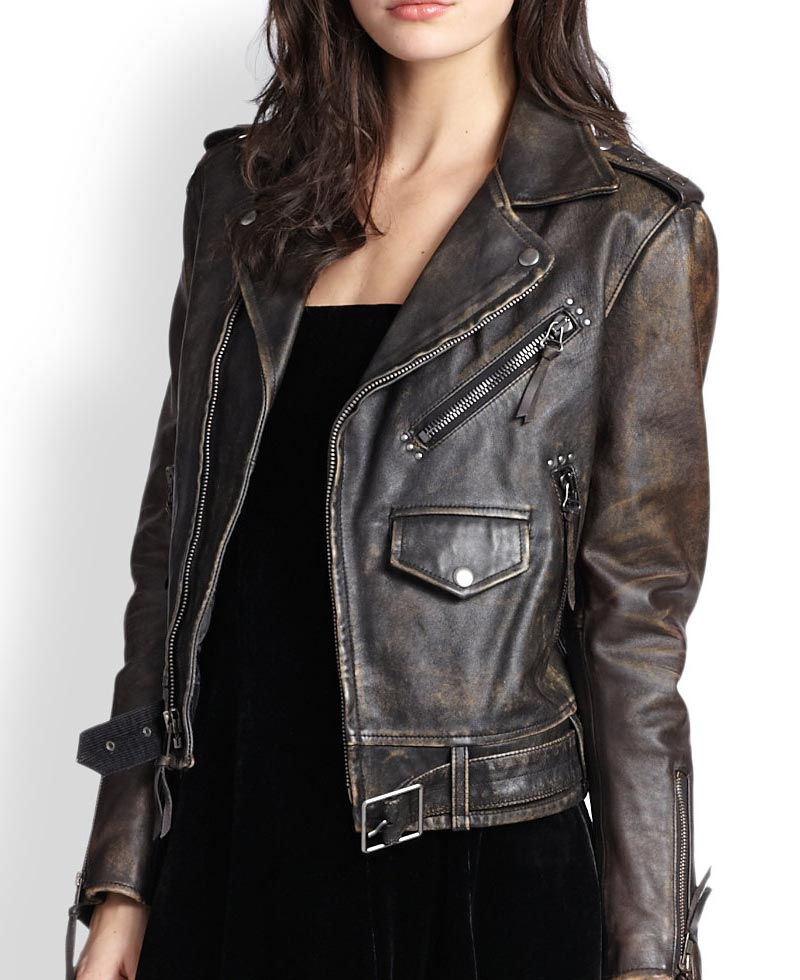 Women's Moto Asymmetrical Distressed Leather Jacket Women's Moto Asymmetrical Distressed Leather Jacket - Image 3