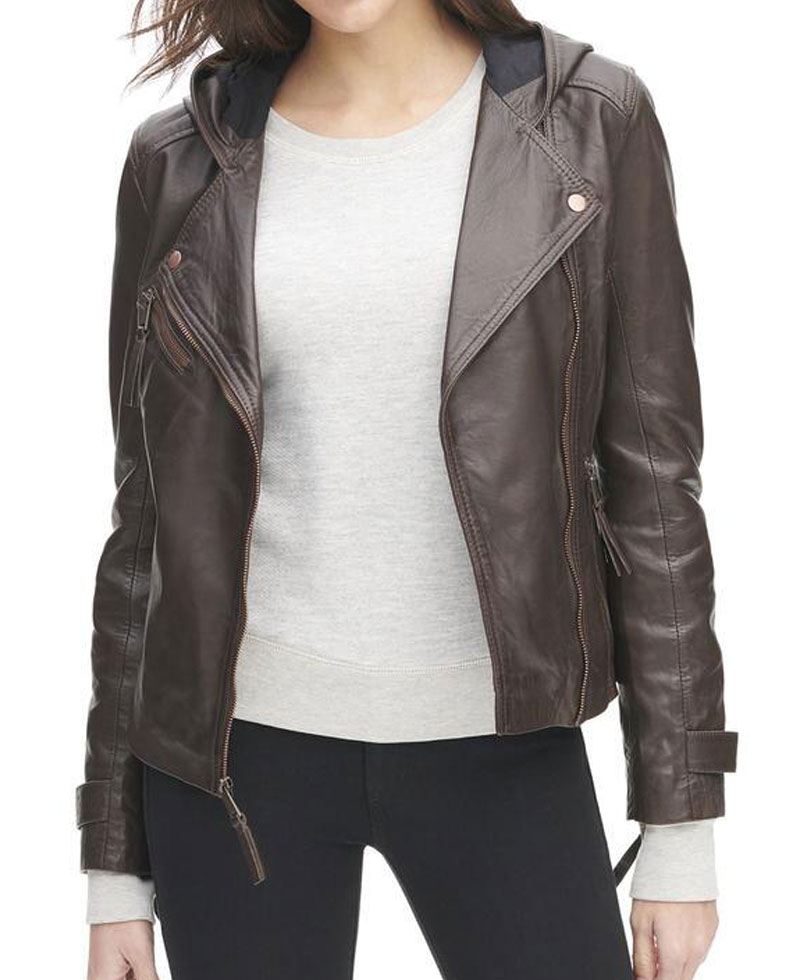 Womens Asymmetrical Zipper Brown Leather Jacket with Hoodie Womens Asymmetrical Zipper Brown Leather Jacket with Hoodie - Image 3