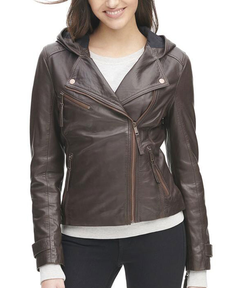 Womens Asymmetrical Zipper Brown Leather Jacket with Hoodie Womens Asymmetrical Zipper Brown Leather Jacket with Hoodie - Image 2