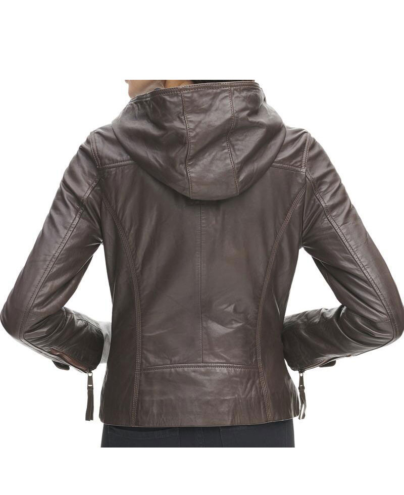 Womens Asymmetrical Zipper Brown Leather Jacket with Hoodie Womens Asymmetrical Zipper Brown Leather Jacket with Hoodie - Image 5