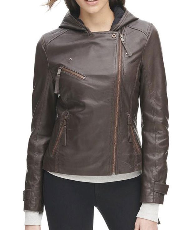 Womens Asymmetrical Zipper Brown Leather Jacket with Hoodie