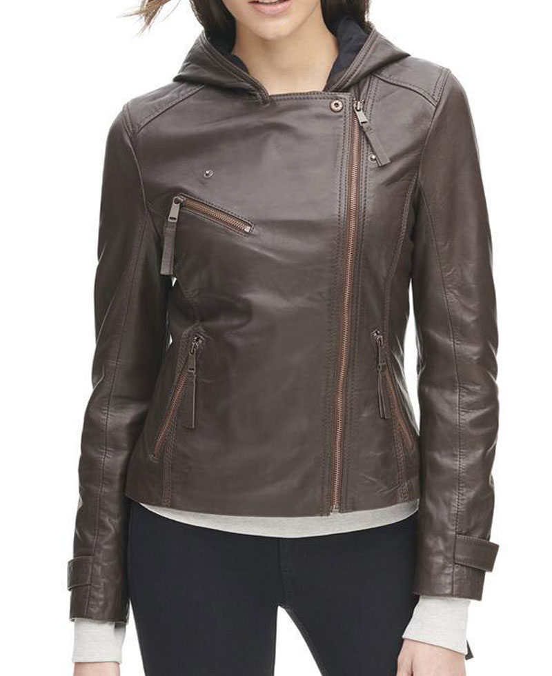 Womens Asymmetrical Zipper Brown Leather Jacket with Hoodie
