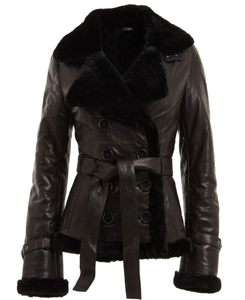 Women's Aviator Double Breasted Belted Black Leather Jacket