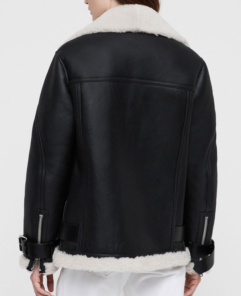 Women's Belted Asymmetrical Shearling Biker Black Leather Jacket Women's Belted Asymmetrical Shearling Biker Black Leather Jacket - Image 5