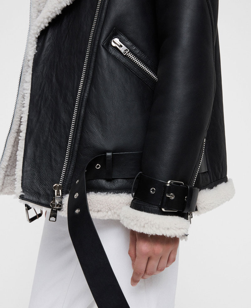 Women's Belted Asymmetrical Shearling Biker Black Leather Jacket Women's Belted Asymmetrical Shearling Biker Black Leather Jacket - Image 4