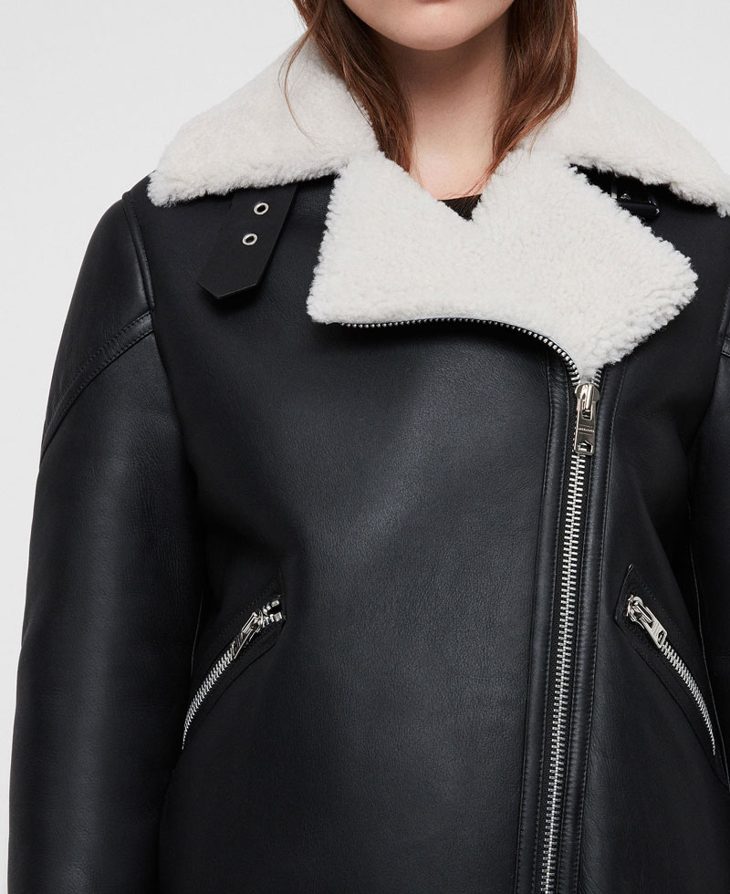 Women's Belted Asymmetrical Shearling Biker Black Leather Jacket Women's Belted Asymmetrical Shearling Biker Black Leather Jacket - Image 3