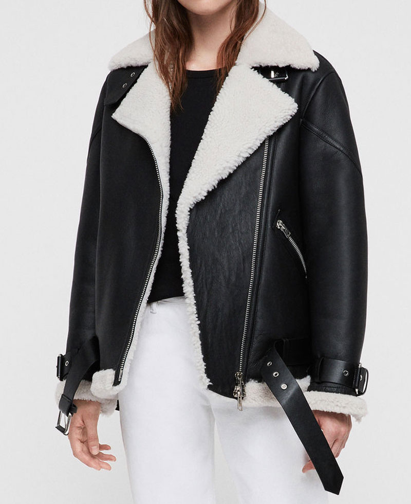 Women's Belted Asymmetrical Shearling Biker Black Leather Jacket Women's Belted Asymmetrical Shearling Biker Black Leather Jacket - Image 2