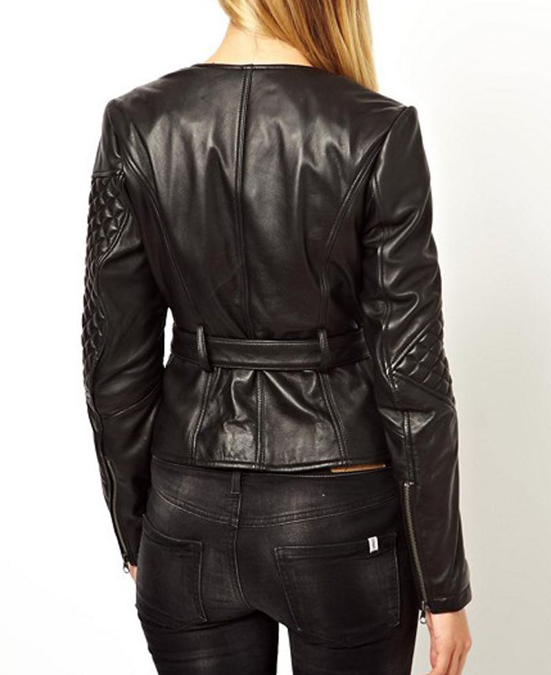 Women's Double Zipper Quilted Leather Sleeves Jacket Women's Double Zipper Quilted Leather Sleeves Jacket - Image 2