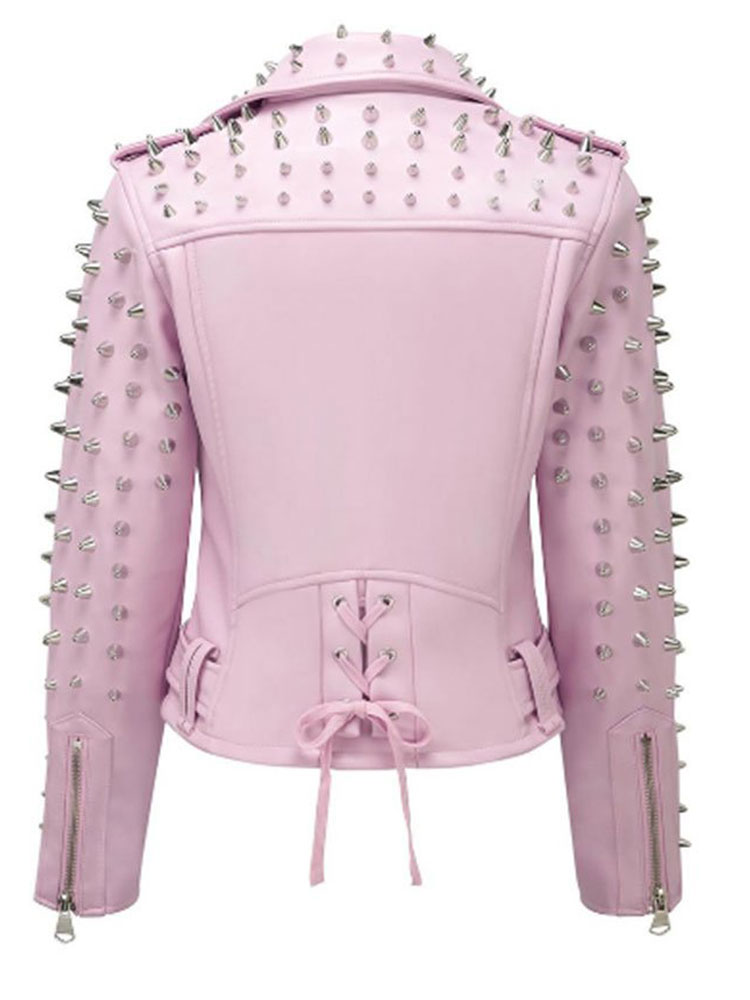 Women's Studded Biker Pink Leather Asymmetrical Jacket Women's Studded Biker Pink Leather Asymmetrical Jacket - Image 2