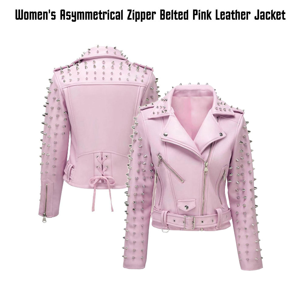 Women's Studded Biker Pink Leather Asymmetrical Jacket Women's Studded Biker Pink Leather Asymmetrical Jacket - Image 3