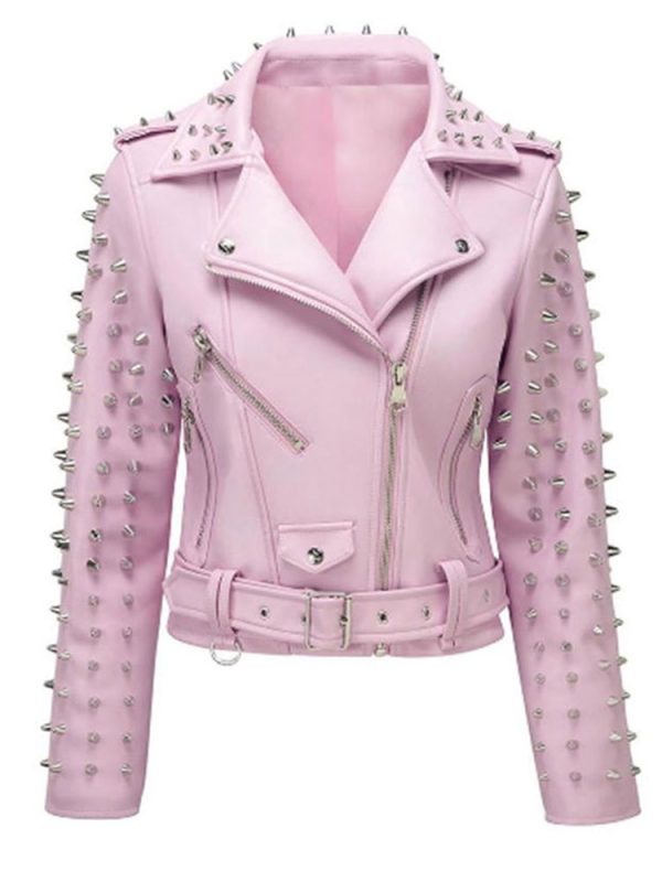 Women's Studded Biker Pink Leather Asymmetrical Jacket