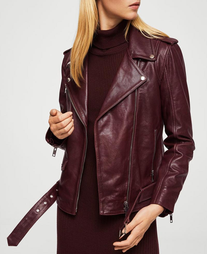Women's Belted Style Motorcycle Burgundy Leather Jacket