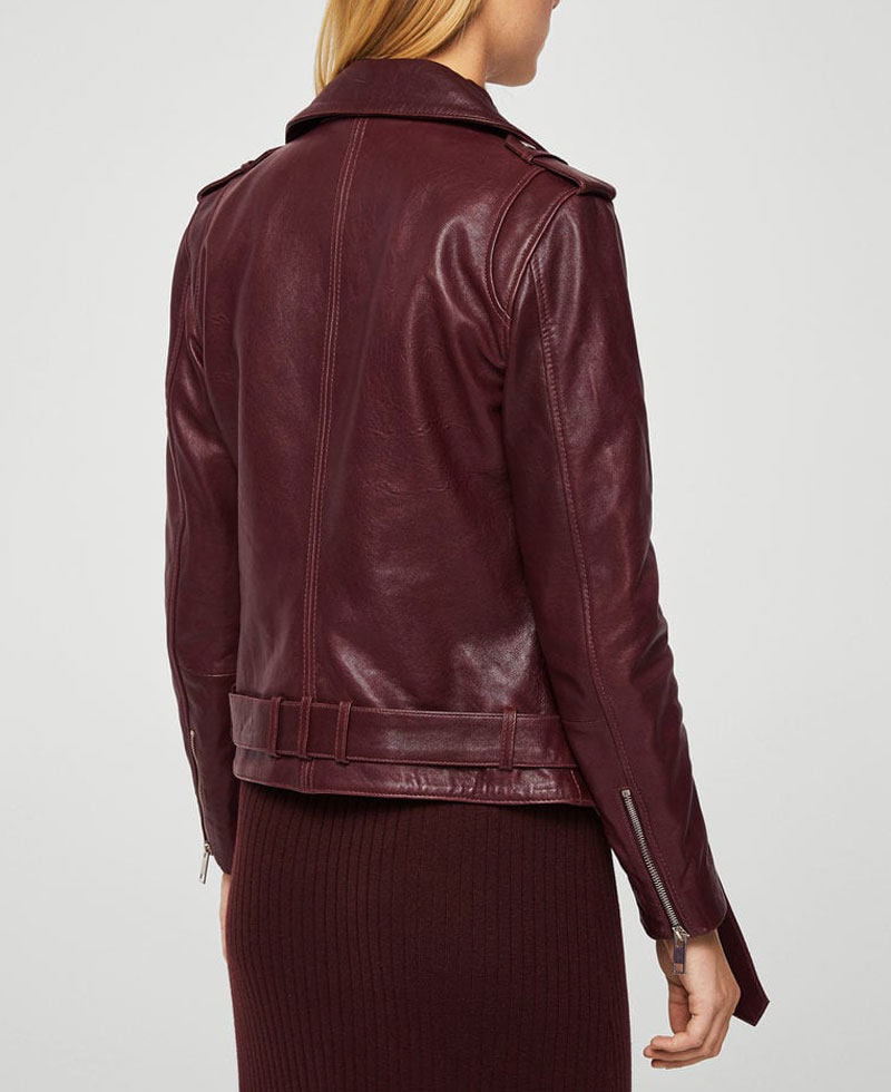 Women's Belted Style Motorcycle Burgundy Leather Jacket Women's Belted Style Motorcycle Burgundy Leather Jacket - Image 2
