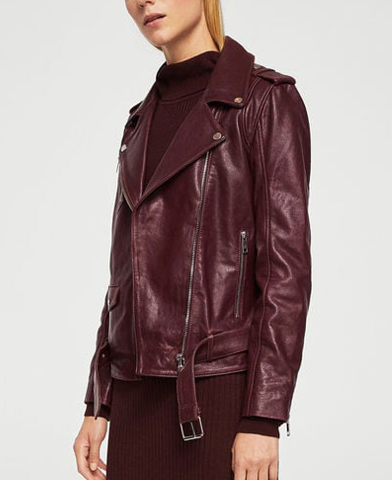 Women's Belted Style Motorcycle Burgundy Leather Jacket Women's Belted Style Motorcycle Burgundy Leather Jacket - Image 3