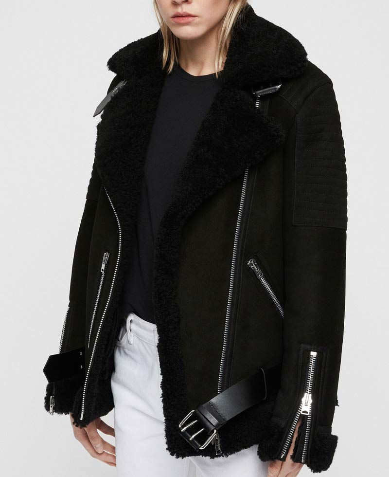 Women's Biker Shearling Black Suede Leather Jacket with Fur Collar Women's Biker Shearling Black Suede Leather Jacket with Fur Collar - Image 4