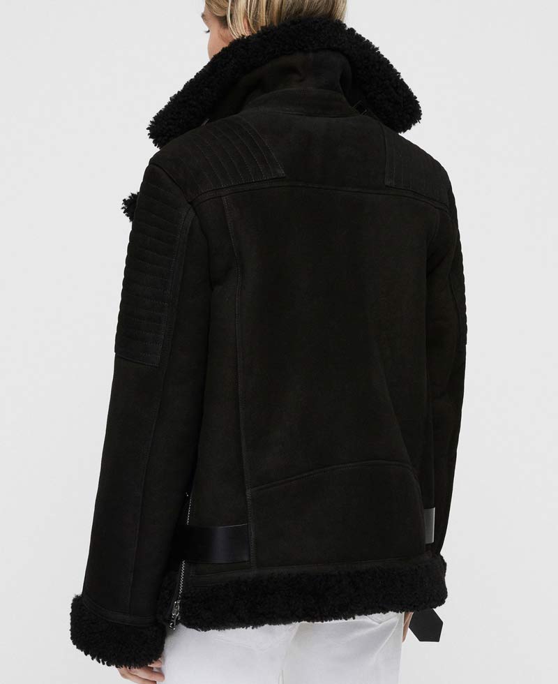 Women's Biker Shearling Black Suede Leather Jacket with Fur Collar Women's Biker Shearling Black Suede Leather Jacket with Fur Collar - Image 5
