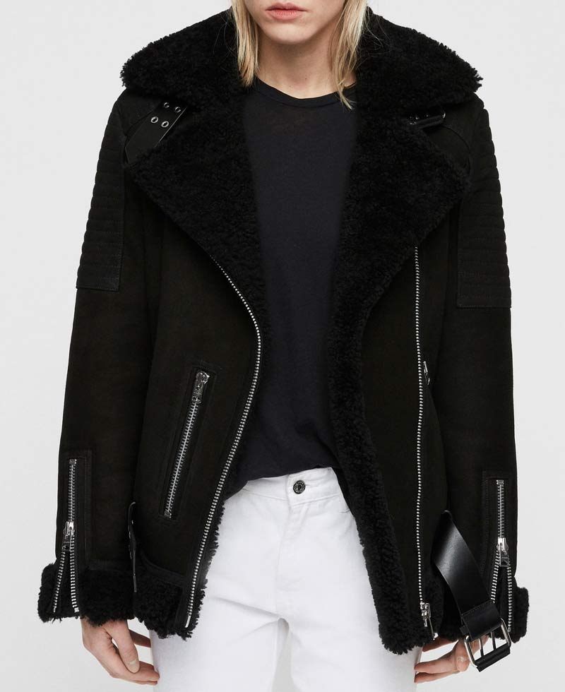 Women's Biker Shearling Black Suede Leather Jacket with Fur Collar