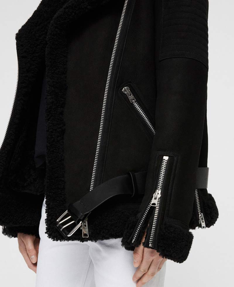 Women's Biker Shearling Black Suede Leather Jacket with Fur Collar Women's Biker Shearling Black Suede Leather Jacket with Fur Collar - Image 3