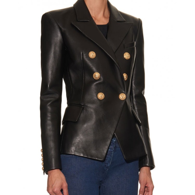 Women's Double Breasted Black Leather Blazer Women's Double Breasted Black Leather Blazer - Image 3