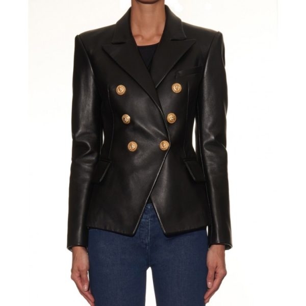 Women's Double Breasted Black Leather Blazer