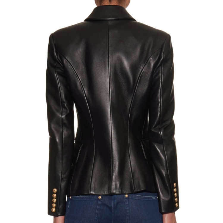 Women's Double Breasted Black Leather Blazer Women's Double Breasted Black Leather Blazer - Image 2