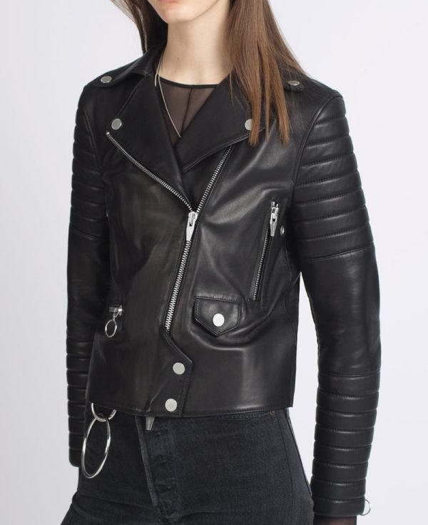 Women's Black Padded Sleeves Lamb Leather Biker Jacket