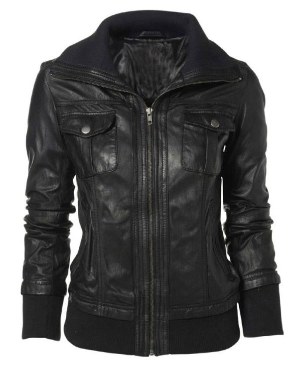 Women's Double Collar Bomber Leather Jacket