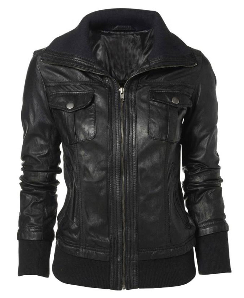 Women's Double Collar Bomber Leather Jacket
