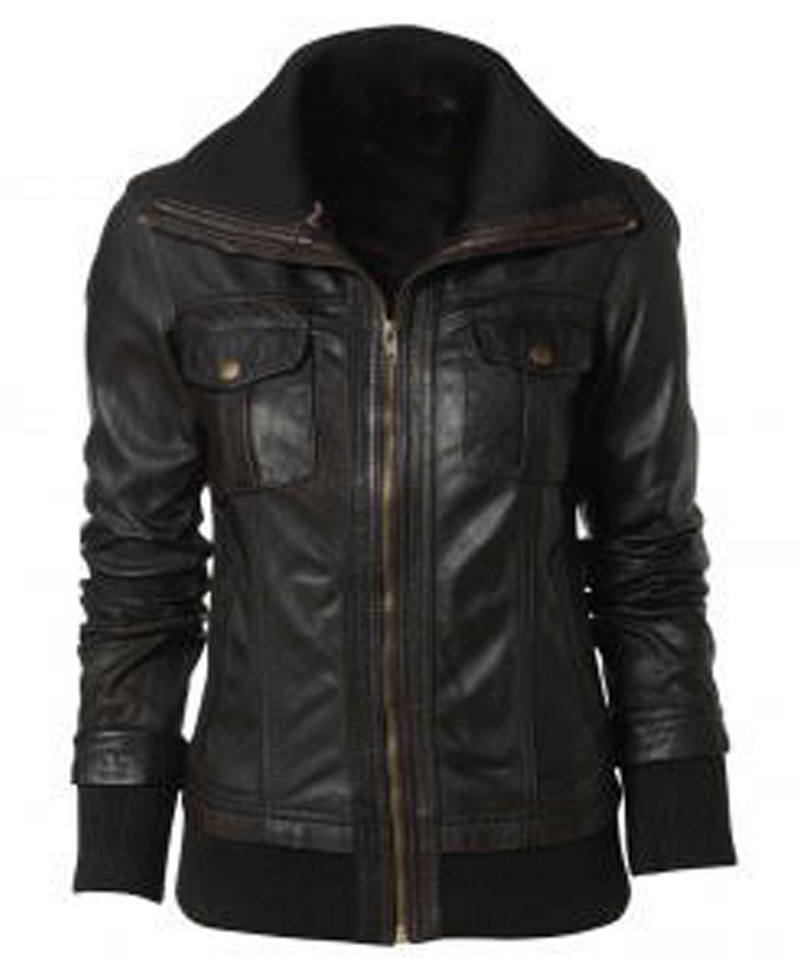 Women's Double Collar Bomber Leather Jacket Women's Double Collar Bomber Leather Jacket - Image 3