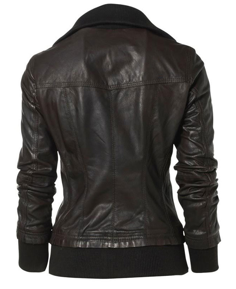 Women's Double Collar Bomber Leather Jacket Women's Double Collar Bomber Leather Jacket - Image 4