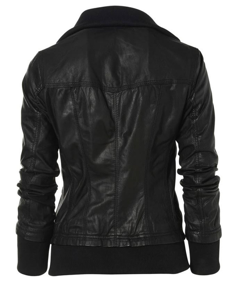 Women's Double Collar Bomber Leather Jacket Women's Double Collar Bomber Leather Jacket - Image 2