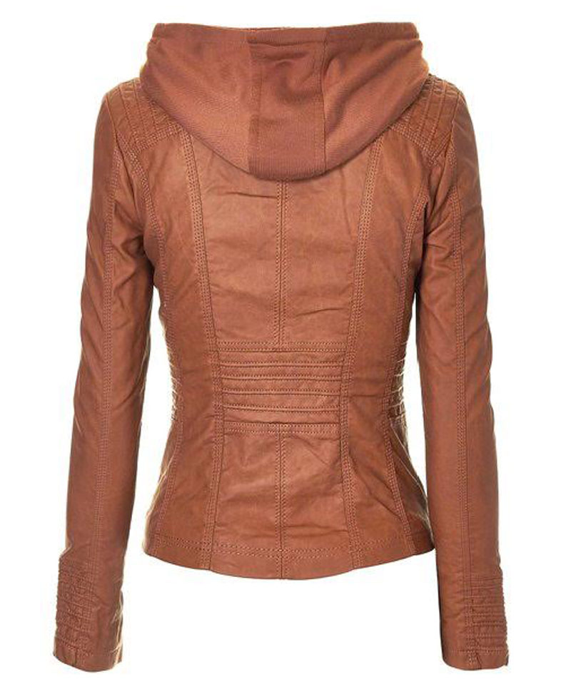Women's Brown Hooded Faux Leather Jacket Women's Brown Hooded Faux Leather Jacket - Image 2