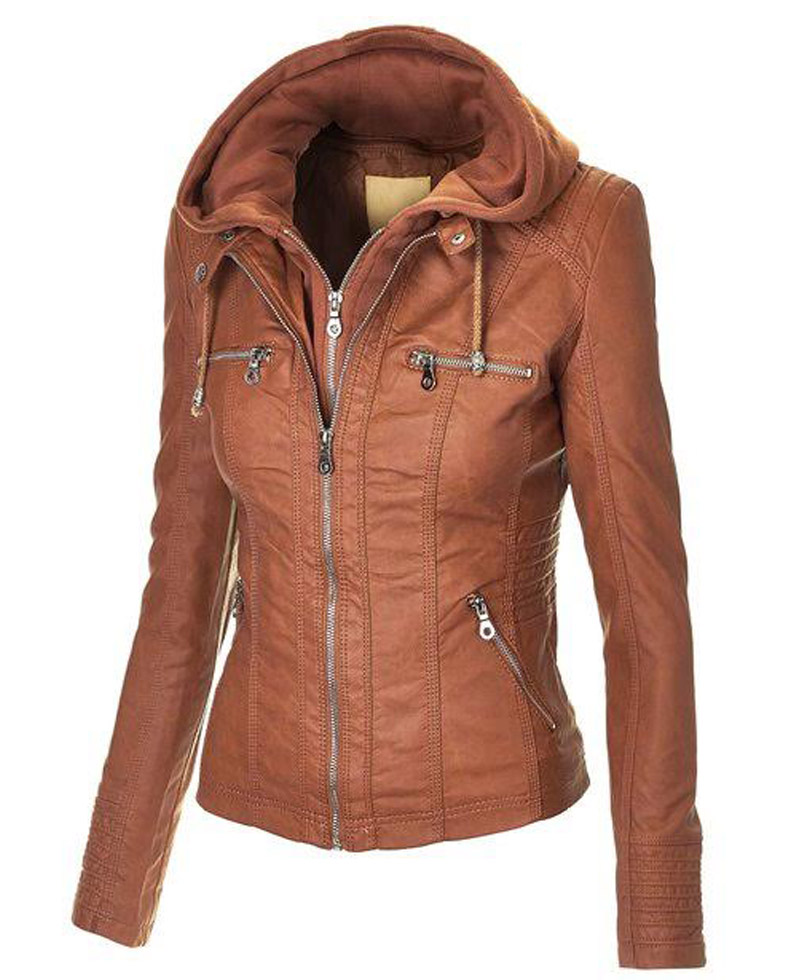 Women's Brown Hooded Faux Leather Jacket Women's Brown Hooded Faux Leather Jacket - Image 4