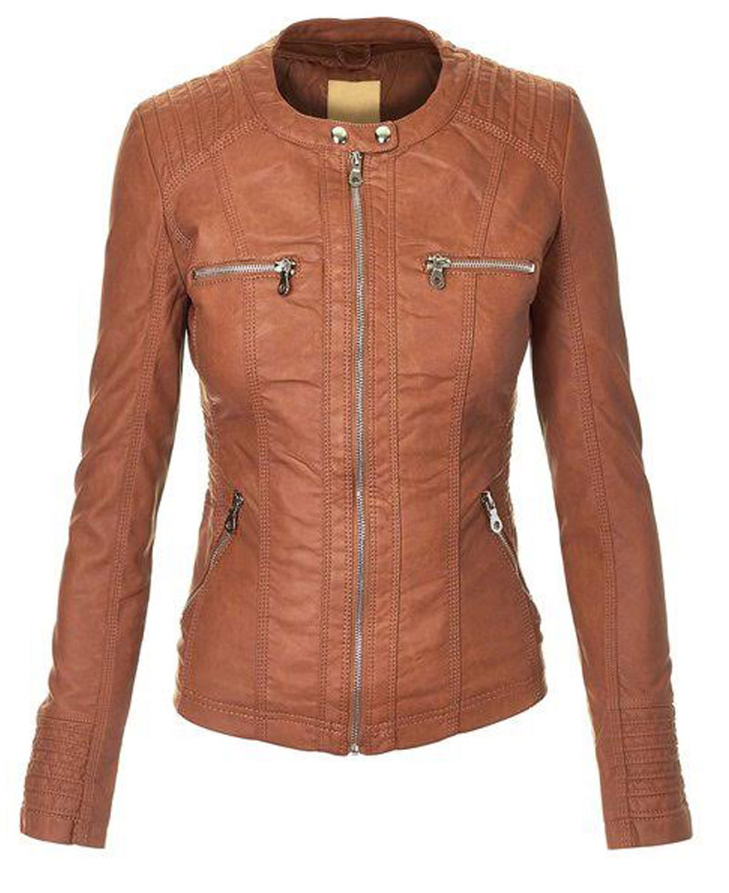 Women's Brown Hooded Faux Leather Jacket Women's Brown Hooded Faux Leather Jacket - Image 3