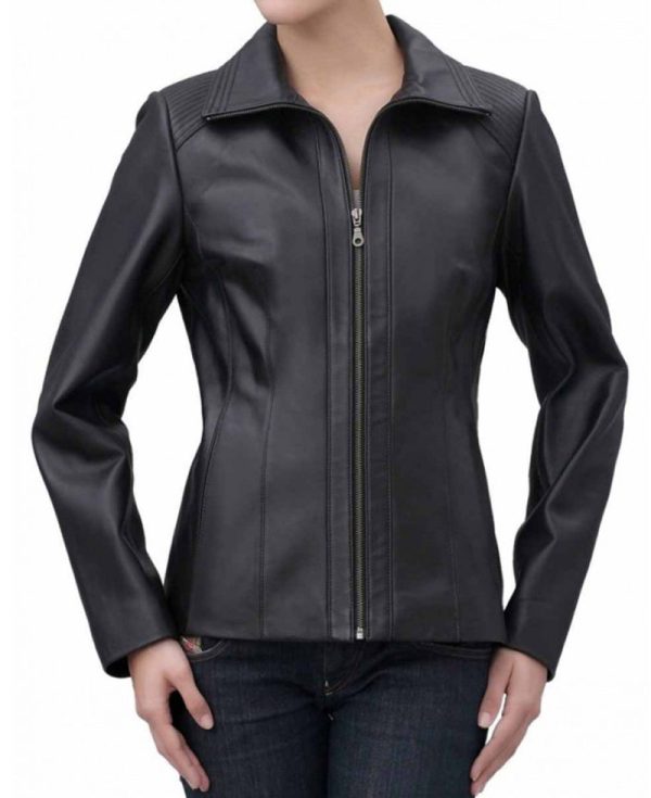 Women's Shirt Collar Casual Black Leather Jacket