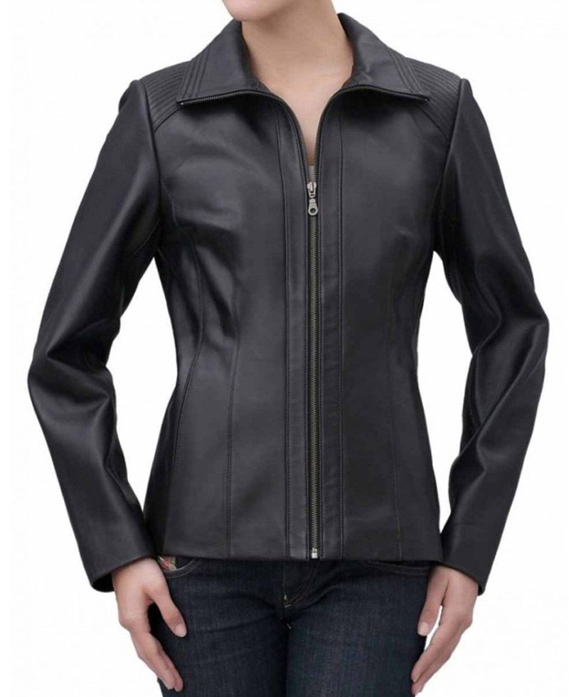 Women's Shirt Collar Casual Black Leather Jacket