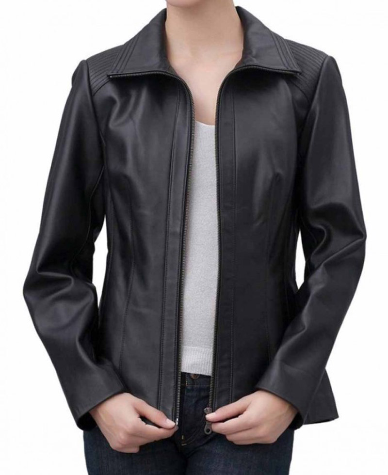 Women's Shirt Collar Casual Black Leather Jacket Women's Shirt Collar Casual Black Leather Jacket - Image 3