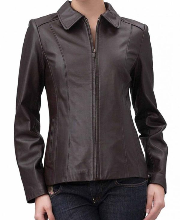 Women's Shirt Collar Casual Brown Leather Jacket